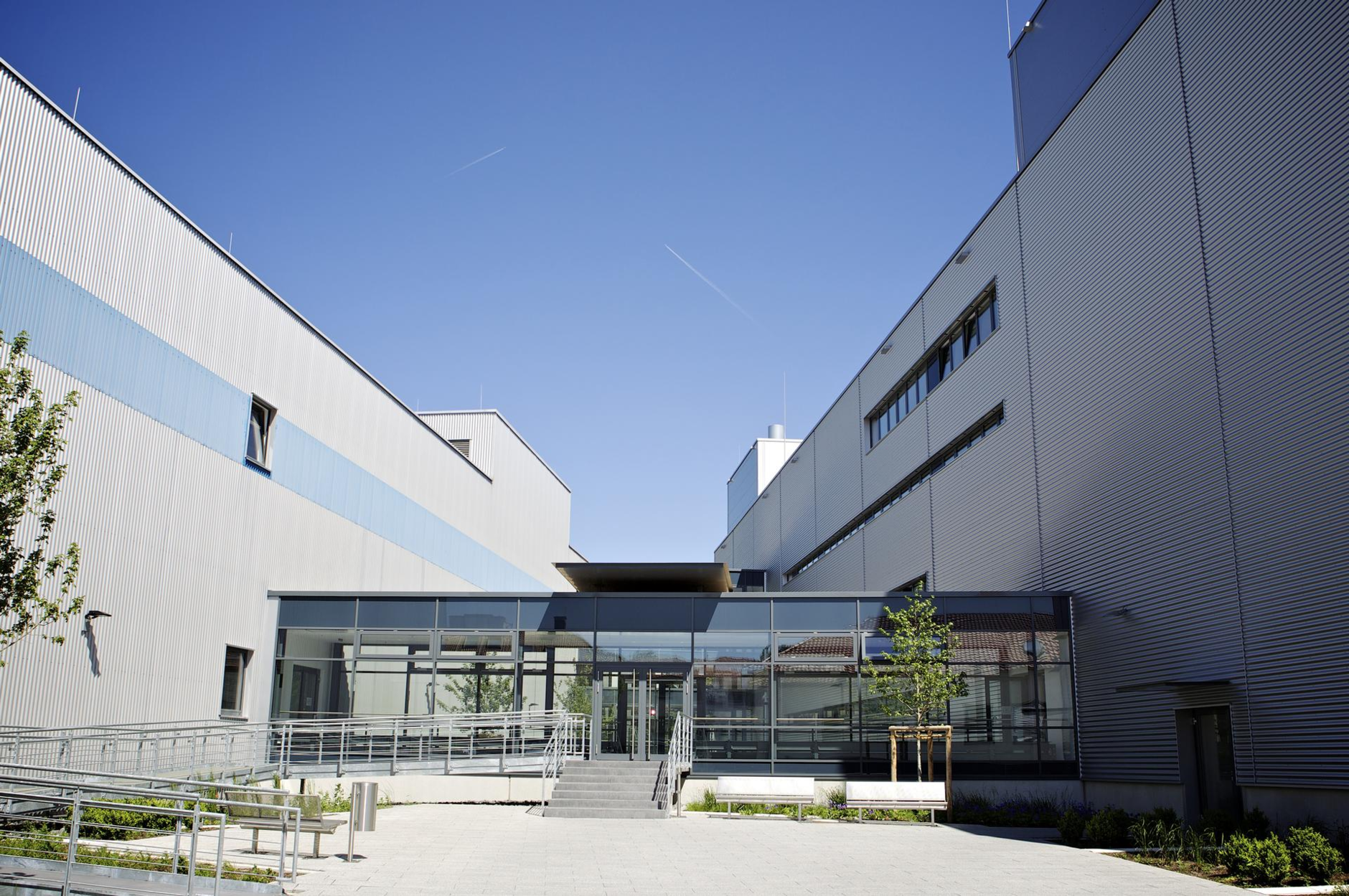 Entrance of Production Centre in Wennebostel from outside at sunshine 